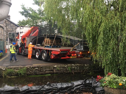 Gibsons of Kendal transport the new footbridge to Cartmel village.